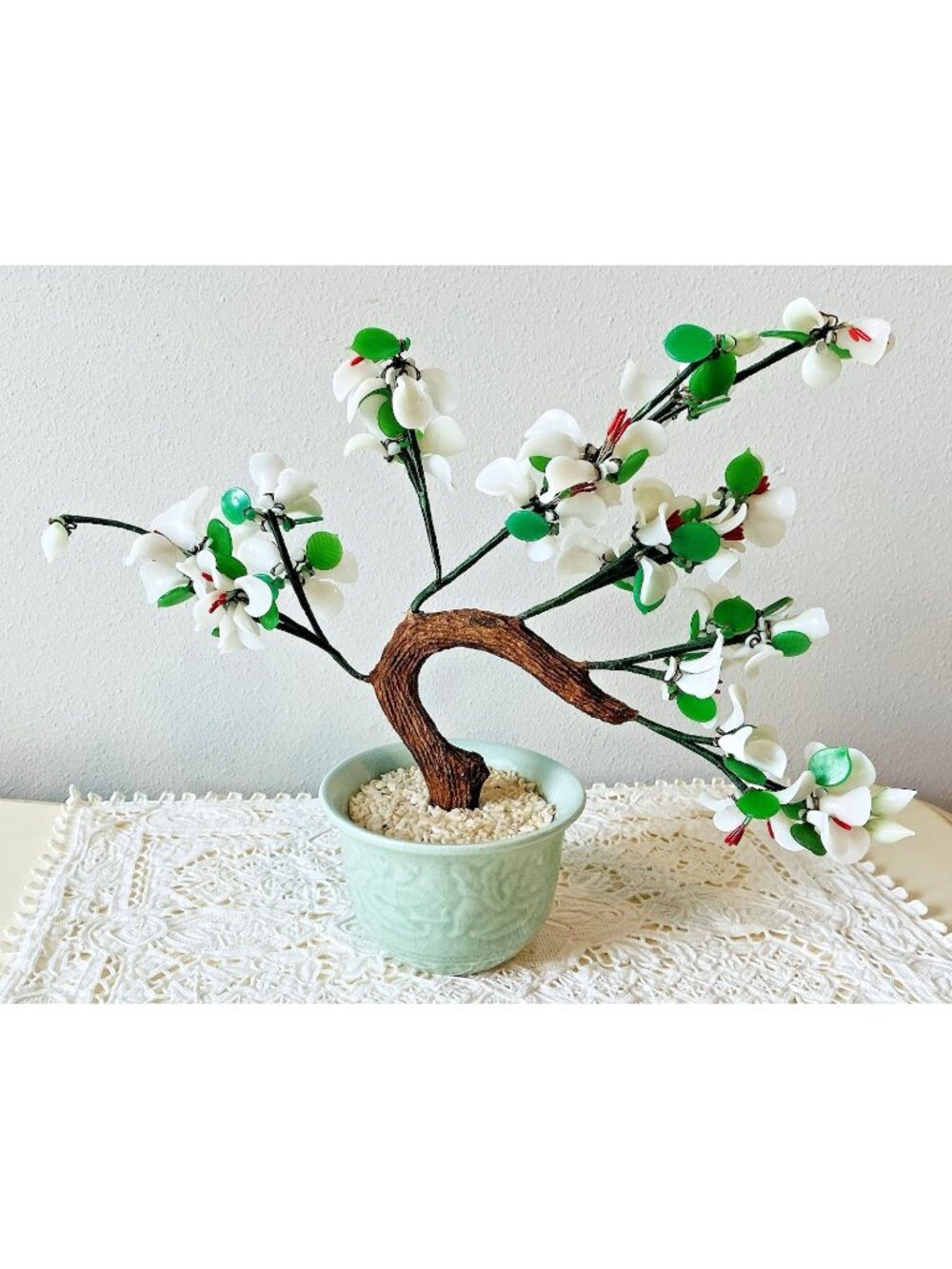 Vintage Chinese Glass Cherry Blossom Bonsai Tree White Flowers Celadon Pot 12 In